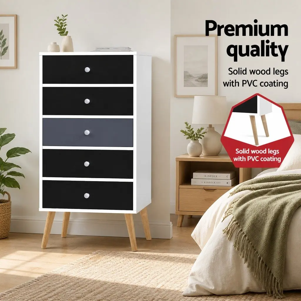 5-Drawer Chest of Drawers Bedroom Dresser Tallboy Storage Cabinet Wooden Legs