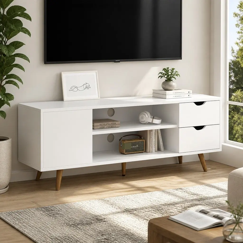 TV Entertainment Unit 120cm White Storage Cabinet with Drawers and Shelves