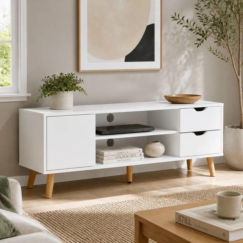 TV Entertainment Unit 120cm White Storage Cabinet with Drawers and Shelves