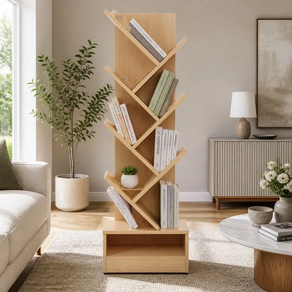 7 Tier Tree Bookshelf Storage Display Unit Freestanding Wall-Mounted Natural Oak