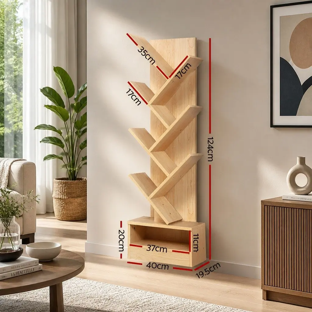 7 Tier Tree Bookshelf Storage Display Unit Freestanding Wall-Mounted Natural Oak