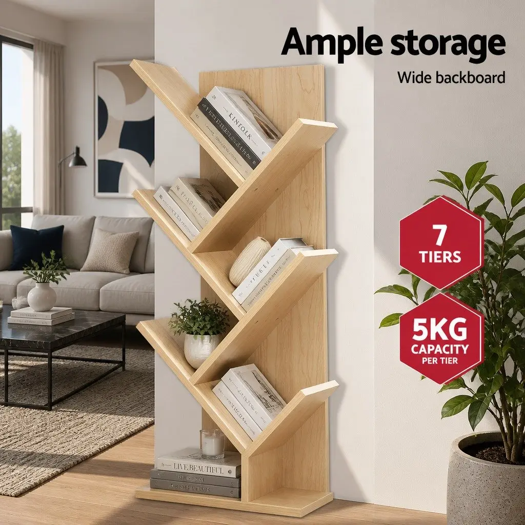 7 Tier Tree Bookshelf Storage Display Unit Freestanding Wall-Mounted Natural Oak