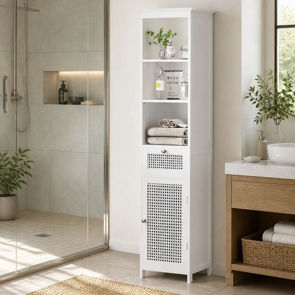 Bathroom Storage Cabinet 161cm White Rattan Tallboy Cupboard