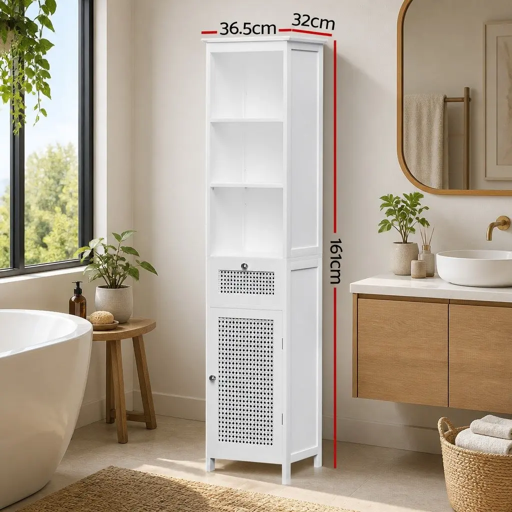 Bathroom Storage Cabinet 161cm White Rattan Tallboy Cupboard