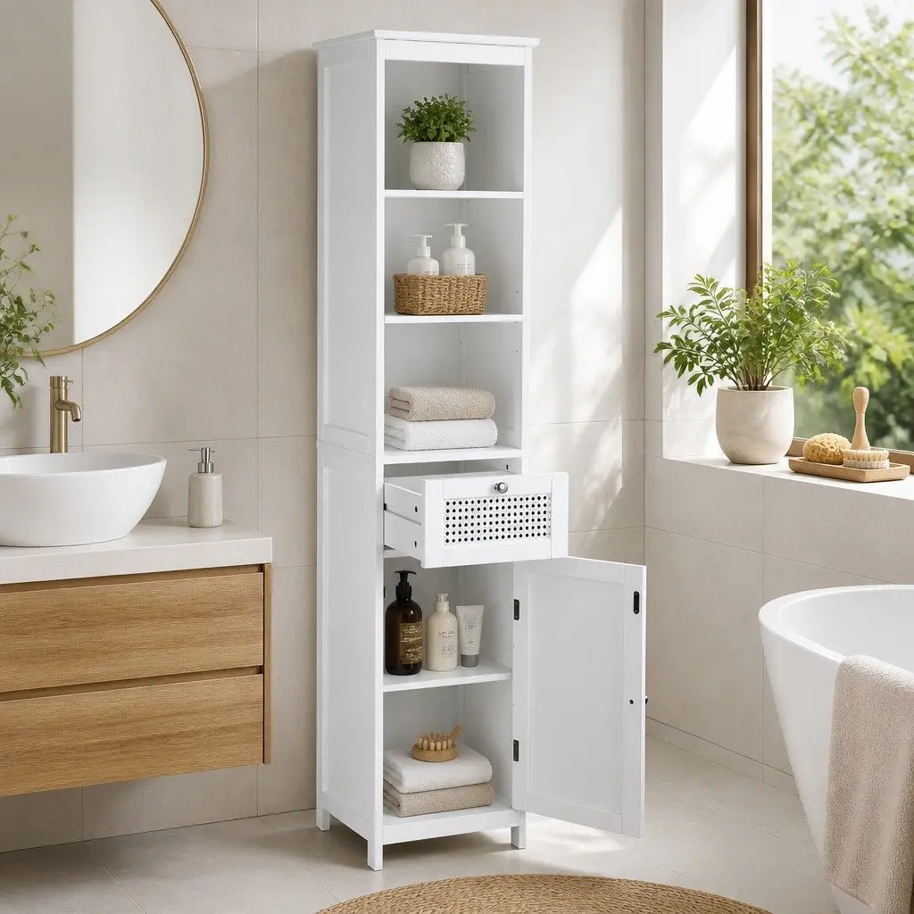 Bathroom Storage Cabinet 161cm White Rattan Tallboy Cupboard