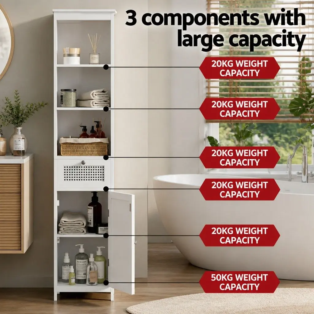 Bathroom Cabinet White 161cm Rattan Storage Organiser with 3-Tier Shelves and Drawer for Bathroom Essentials