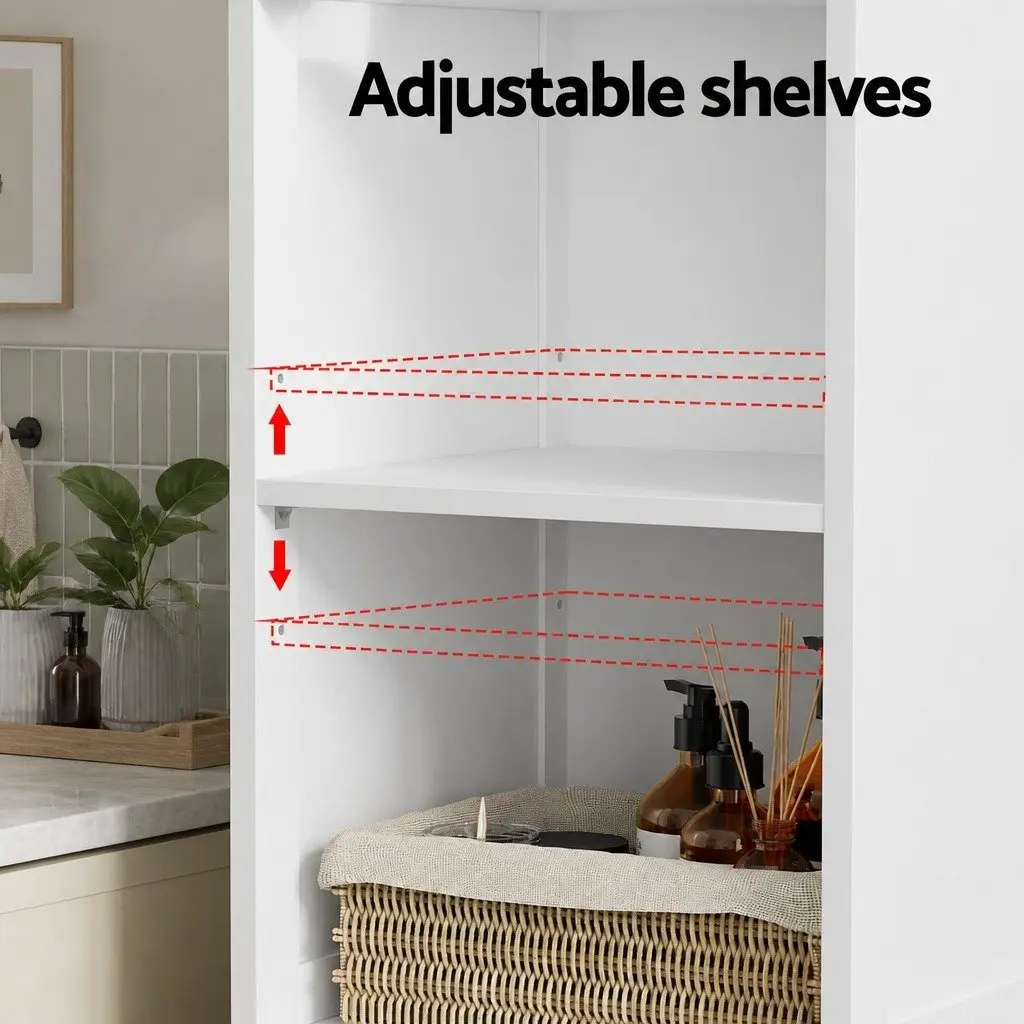 Bathroom Cabinet White 161cm Rattan Storage Organiser with 3-Tier Shelves and Drawer for Bathroom Essentials