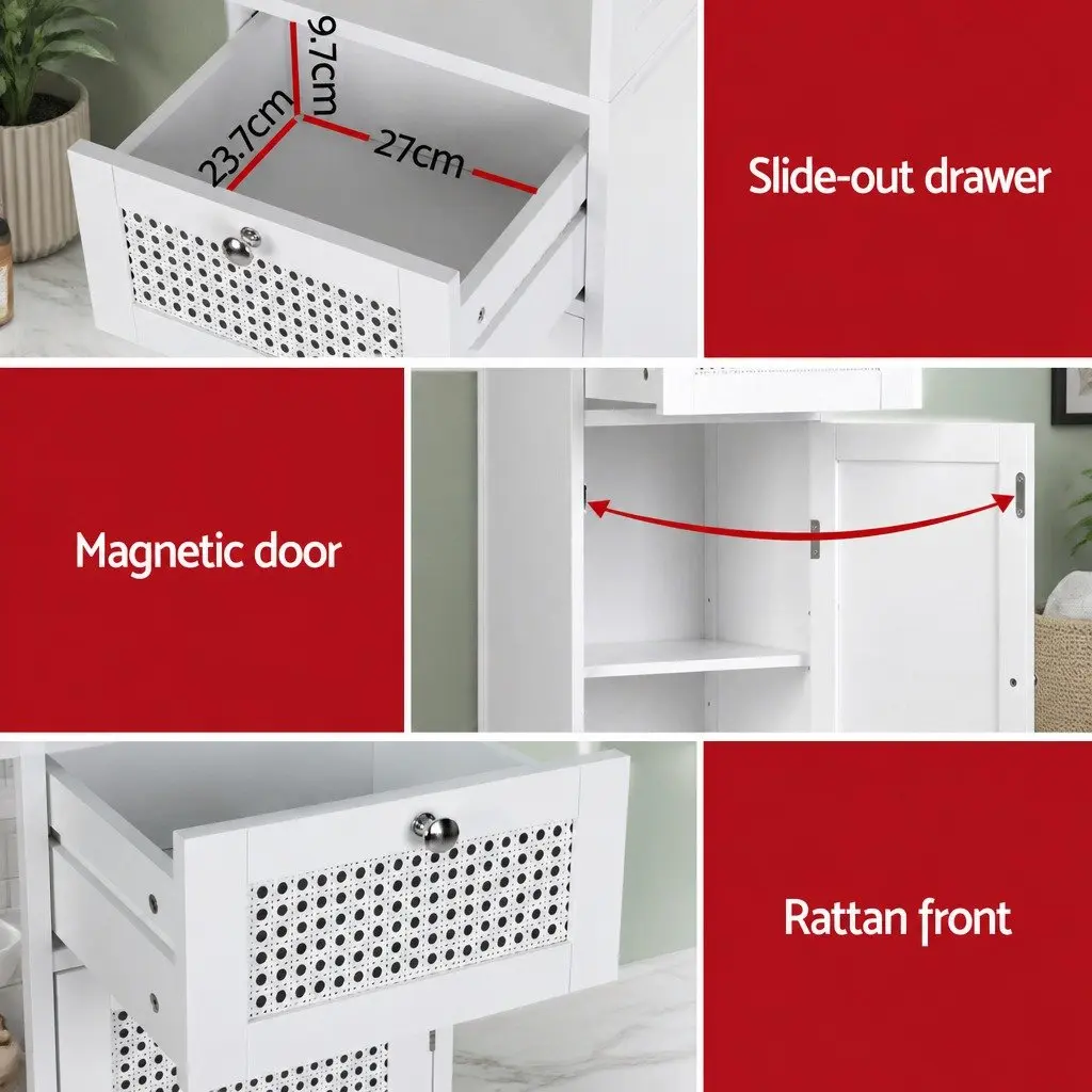 Bathroom Cabinet White 161cm Rattan Storage Organiser with 3-Tier Shelves and Drawer for Bathroom Essentials