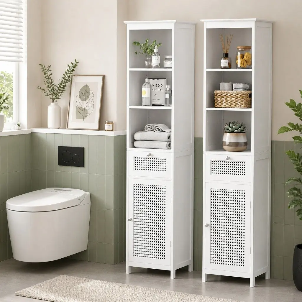 Bathroom Cabinet White 161cm Rattan Storage Organiser with 3-Tier Shelves and Drawer for Bathroom Essentials