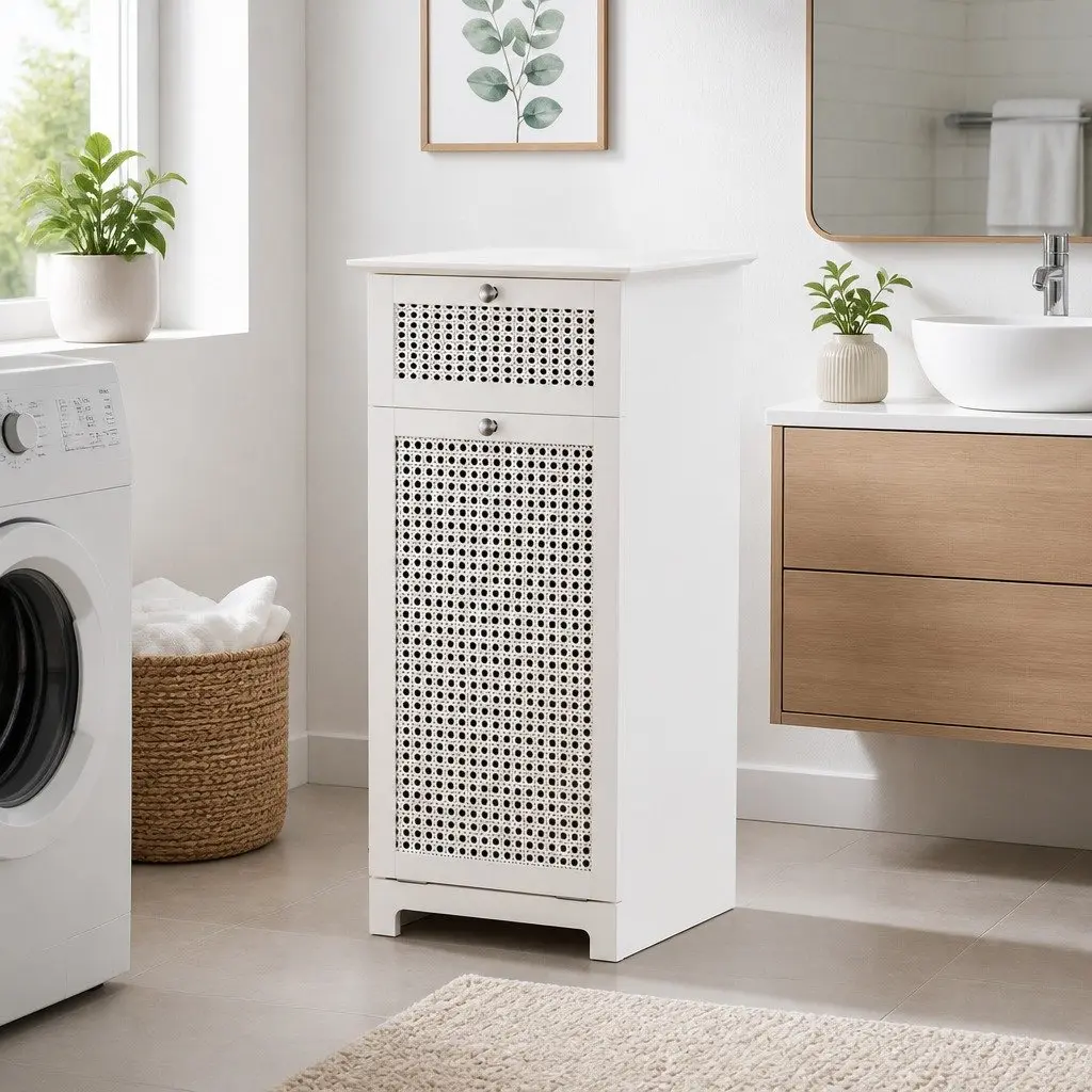 Laundry Hamper Cabinet Bathroom Storage Rattan Clothes Basket Organiser White 90cm