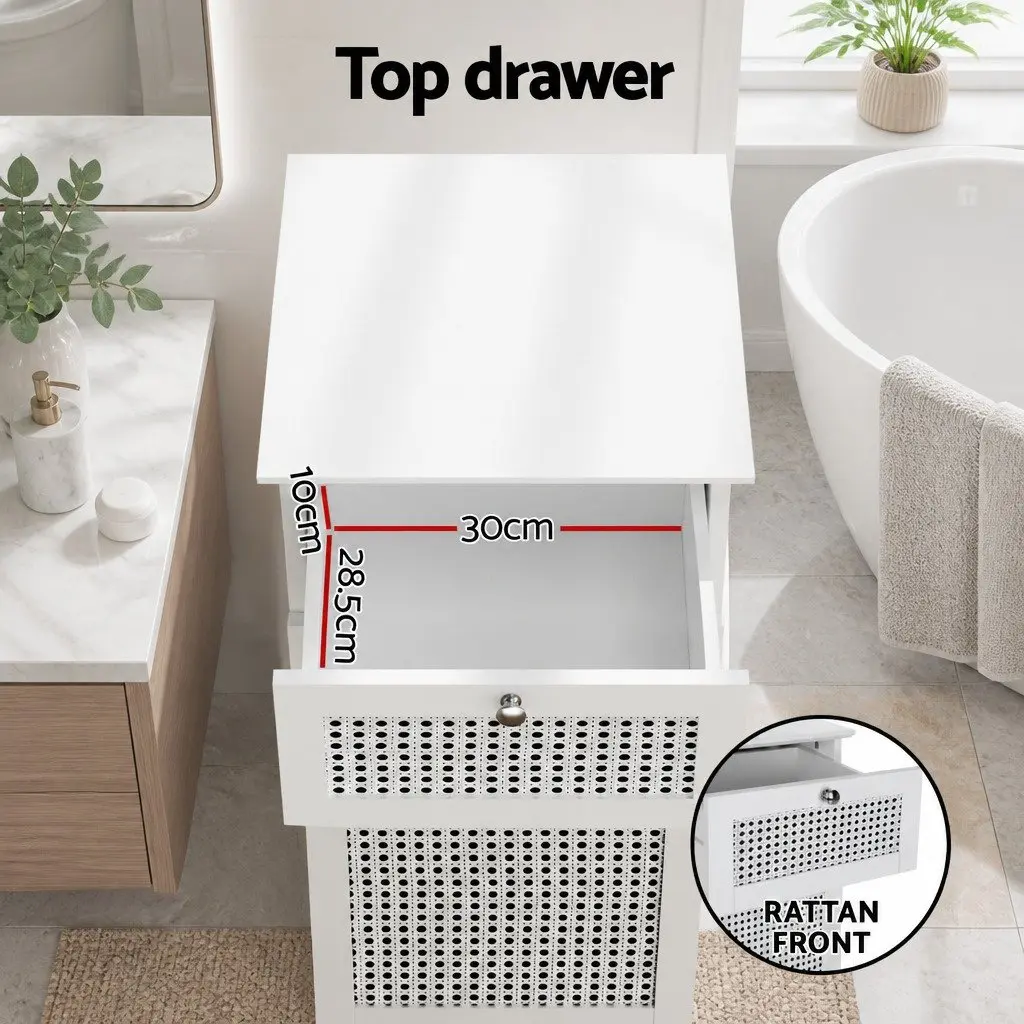 Laundry Hamper Cabinet Bathroom Storage Rattan Clothes Basket Organiser White 90cm