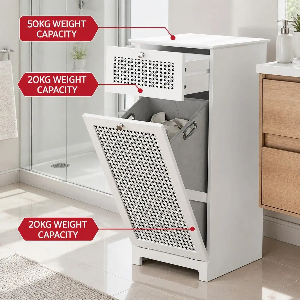 Laundry Hamper Cabinet Bathroom Storage Rattan Clothes Basket Organiser White 90cm