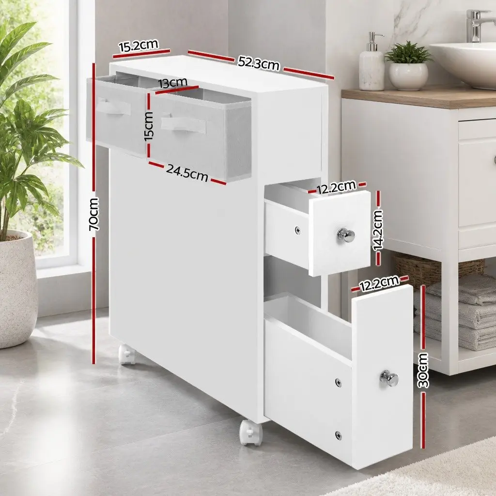 Bathroom Cabinet Storage Toilet Organiser Caddy with Drawers Basket Wheels White