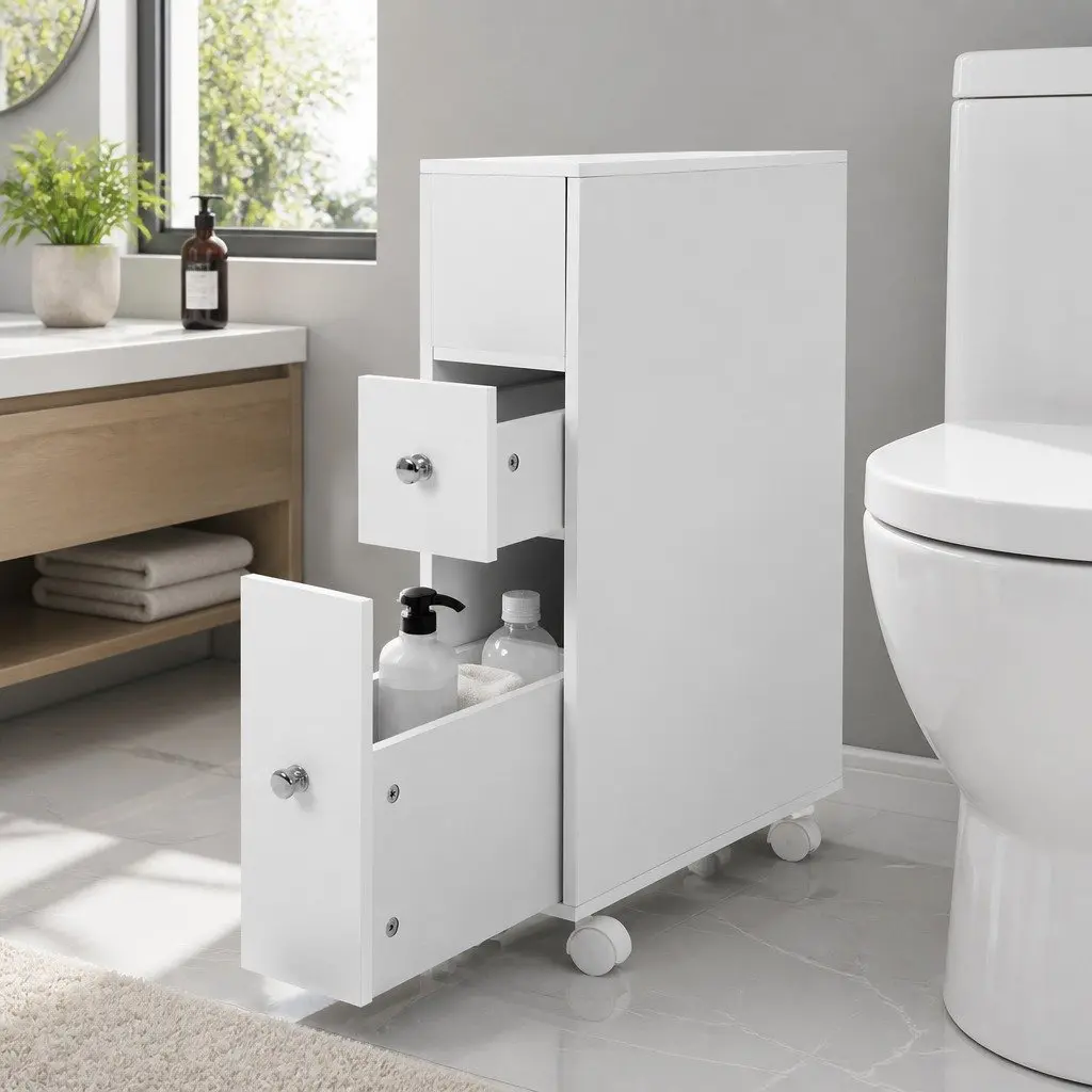 Bathroom Cabinet Storage Toilet Organiser Caddy with Drawers Basket Wheels White