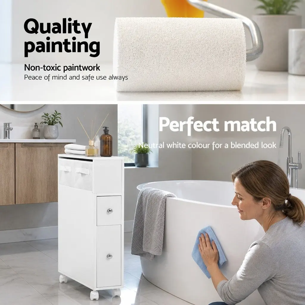 Bathroom Cabinet Storage Toilet Organiser Caddy with Drawers Basket Wheels White