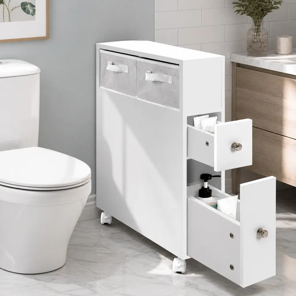 Bathroom Cabinet Storage Toilet Organiser Caddy with Drawers Basket Wheels White