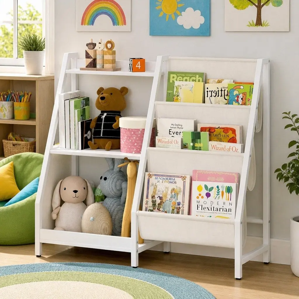 Kids Bookshelf White 3-Tier Storage Organizer Rack for Bedroom Playroom