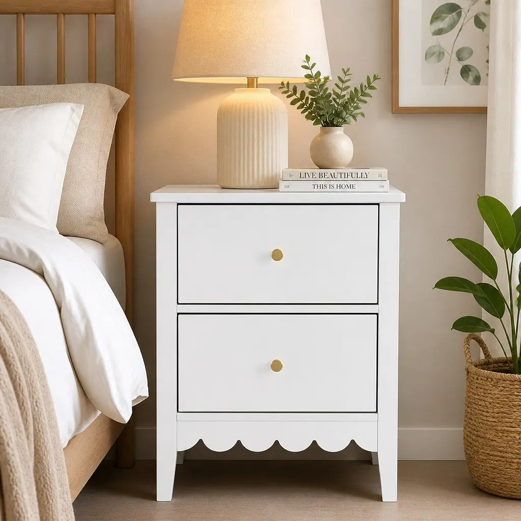 Bedside Table Bedroom 40cm W x 30cm D x 50cm H White 2 Drawers Storage Unit