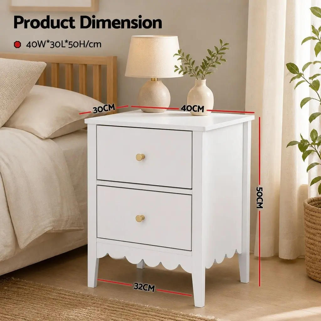 Bedside Table Bedroom 40cm W x 30cm D x 50cm H White 2 Drawers Storage Unit