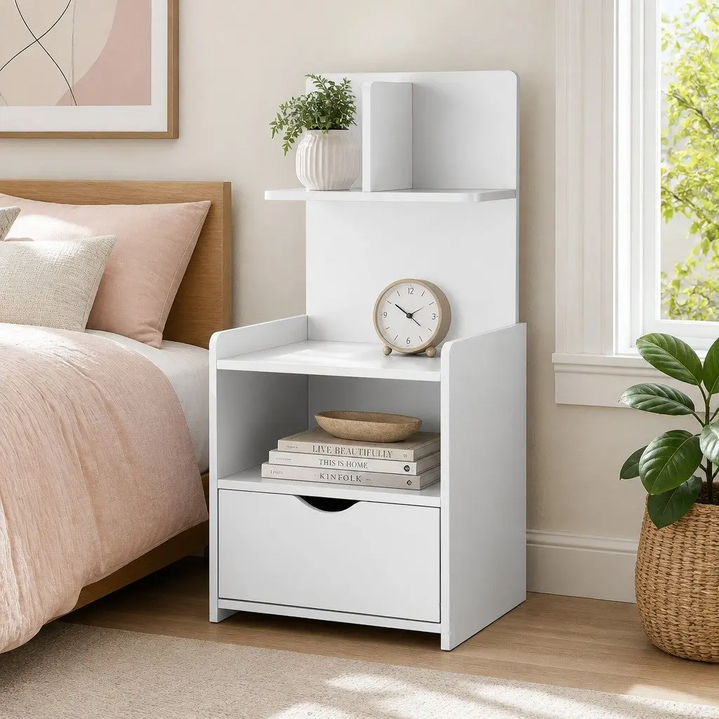 Bedside Table 1 Drawer with Open Shelves Storage White Bedroom Nightstand