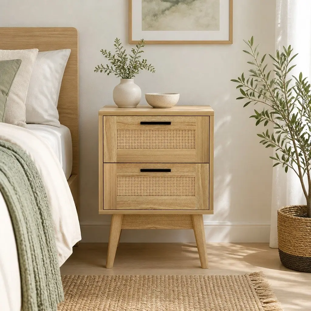 Rattan Bedside Table 2 Drawers Wood Open Shelf Storage Bedroom Furniture