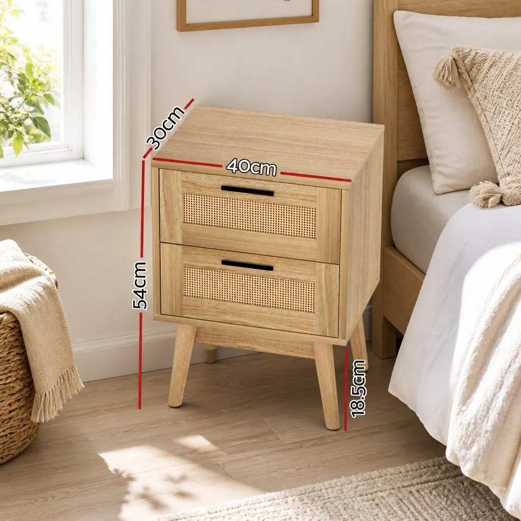 Rattan Bedside Table 2 Drawers Wood Open Shelf Storage Bedroom Furniture