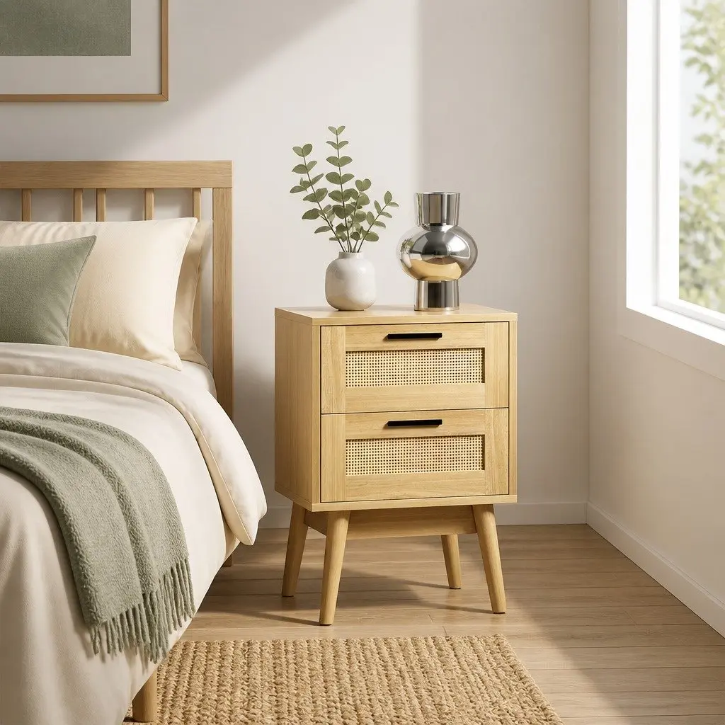 Rattan Bedside Table 2 Drawers Wood Open Shelf Storage Bedroom Furniture