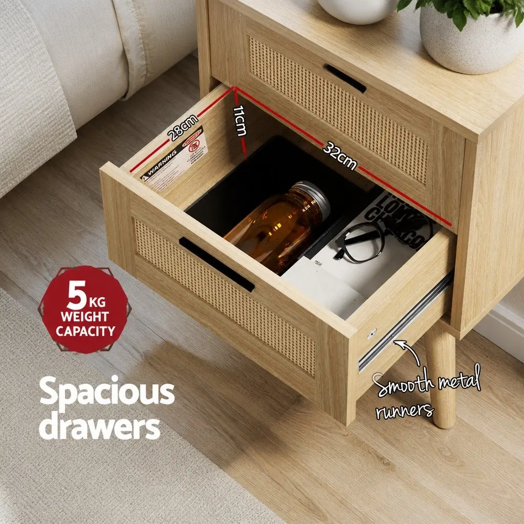 Rattan Bedside Table 2 Drawers Wood Open Shelf Storage Bedroom Furniture