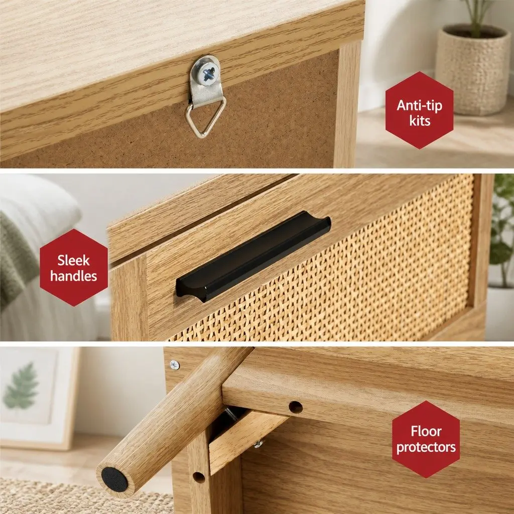 Rattan Bedside Table 2 Drawers Wood Open Shelf Storage Bedroom Furniture