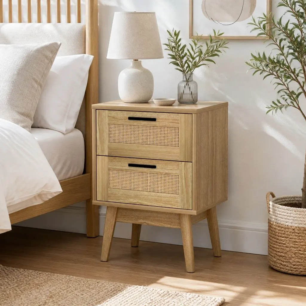 Rattan Bedside Table 2 Drawers Wood Open Shelf Storage Bedroom Furniture