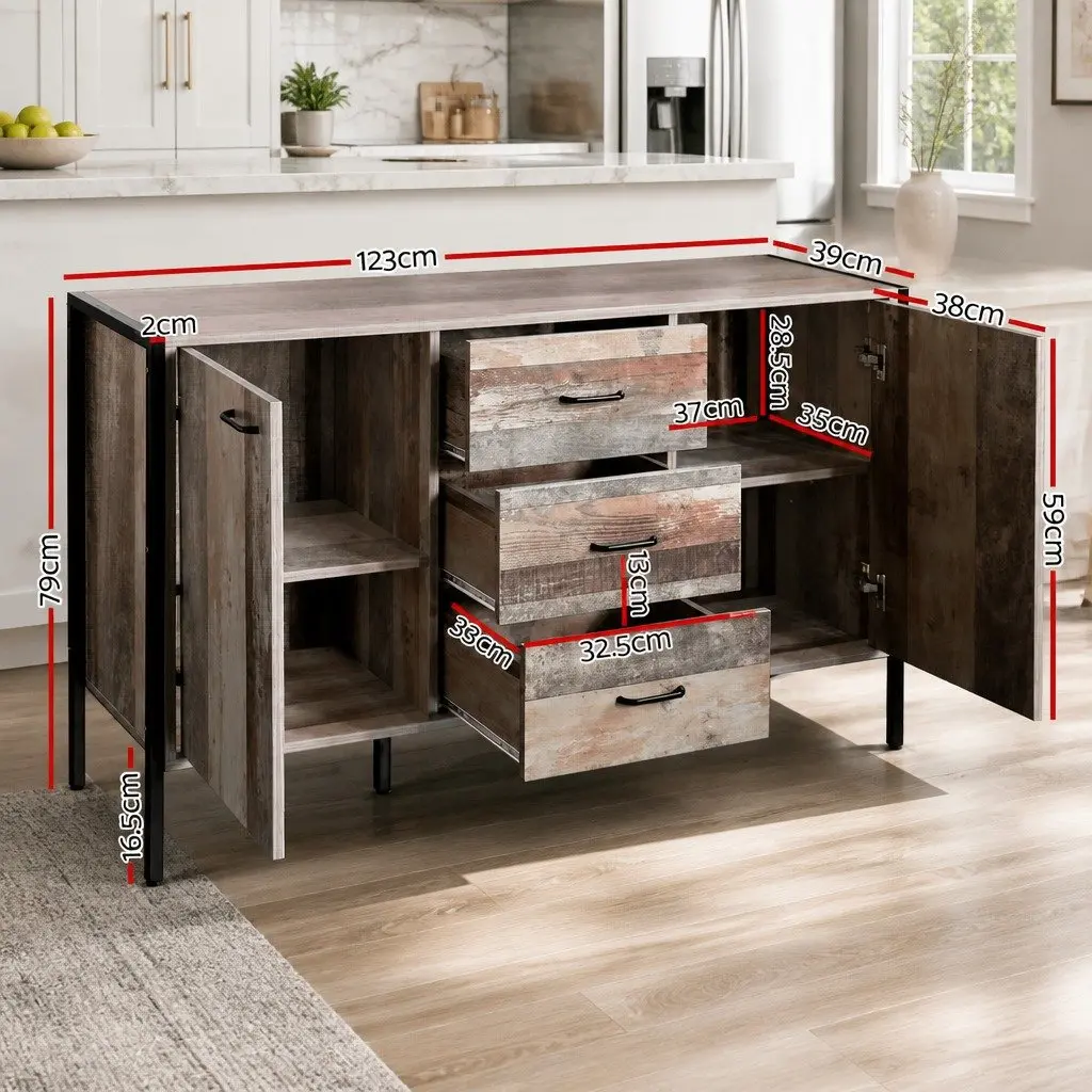 Dark Grey Wooden Buffet Cabinet with Three Drawers and Two Compartments for Dining Room Storage 123cm Width