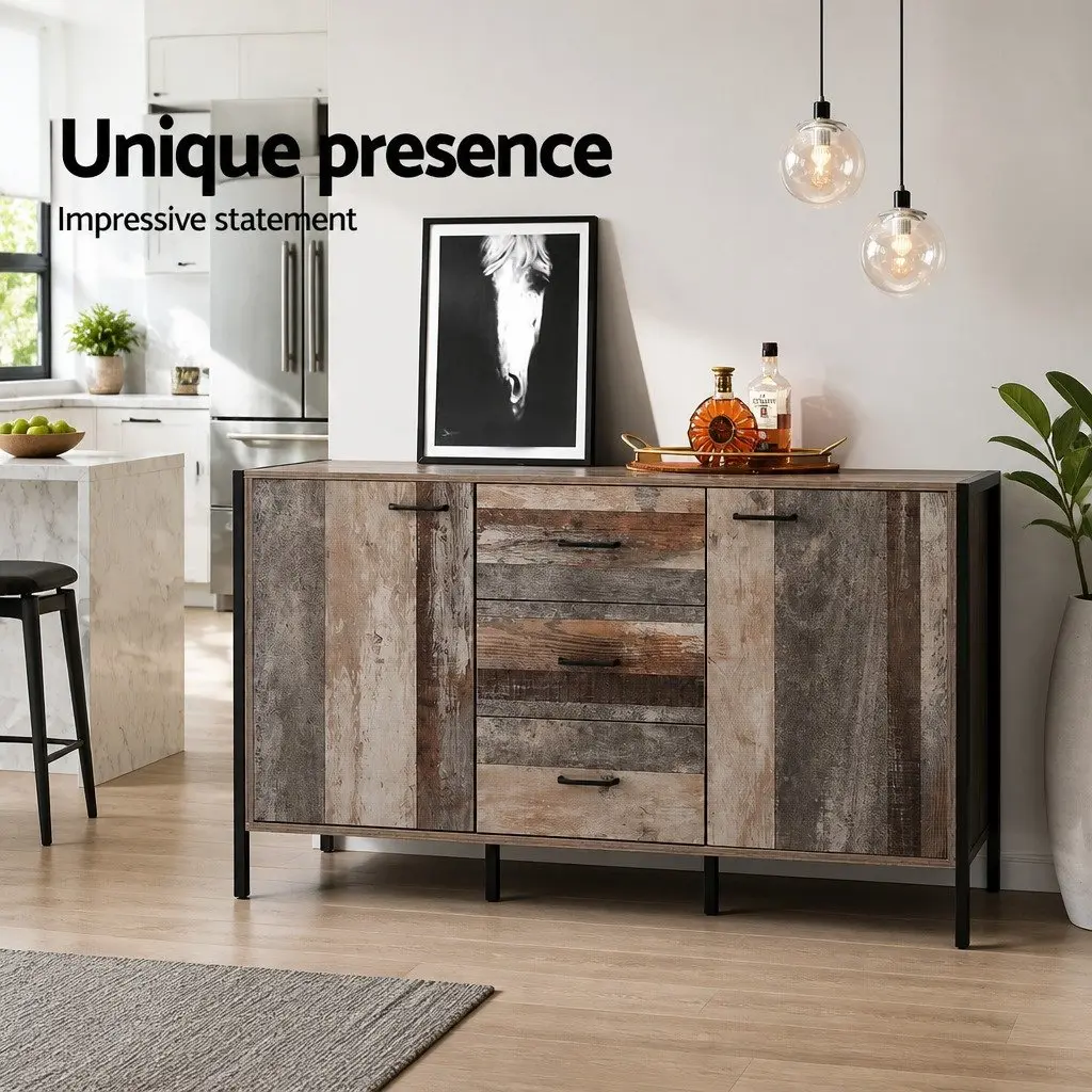 Dark Grey Wooden Buffet Cabinet with Three Drawers and Two Compartments for Dining Room Storage 123cm Width