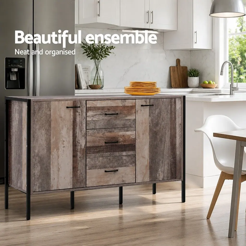 Dark Grey Wooden Buffet Cabinet with Three Drawers and Two Compartments for Dining Room Storage 123cm Width