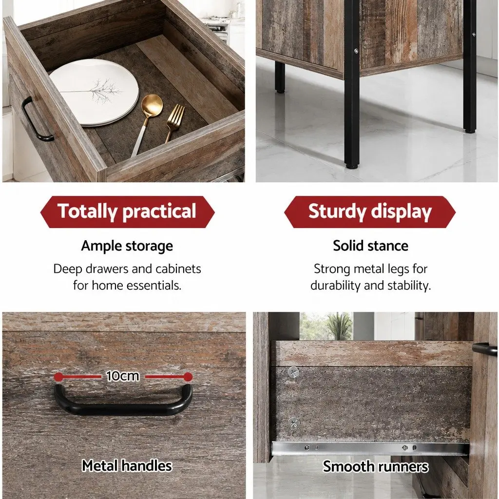 Dark Grey Wooden Buffet Cabinet with Three Drawers and Two Compartments for Dining Room Storage 123cm Width