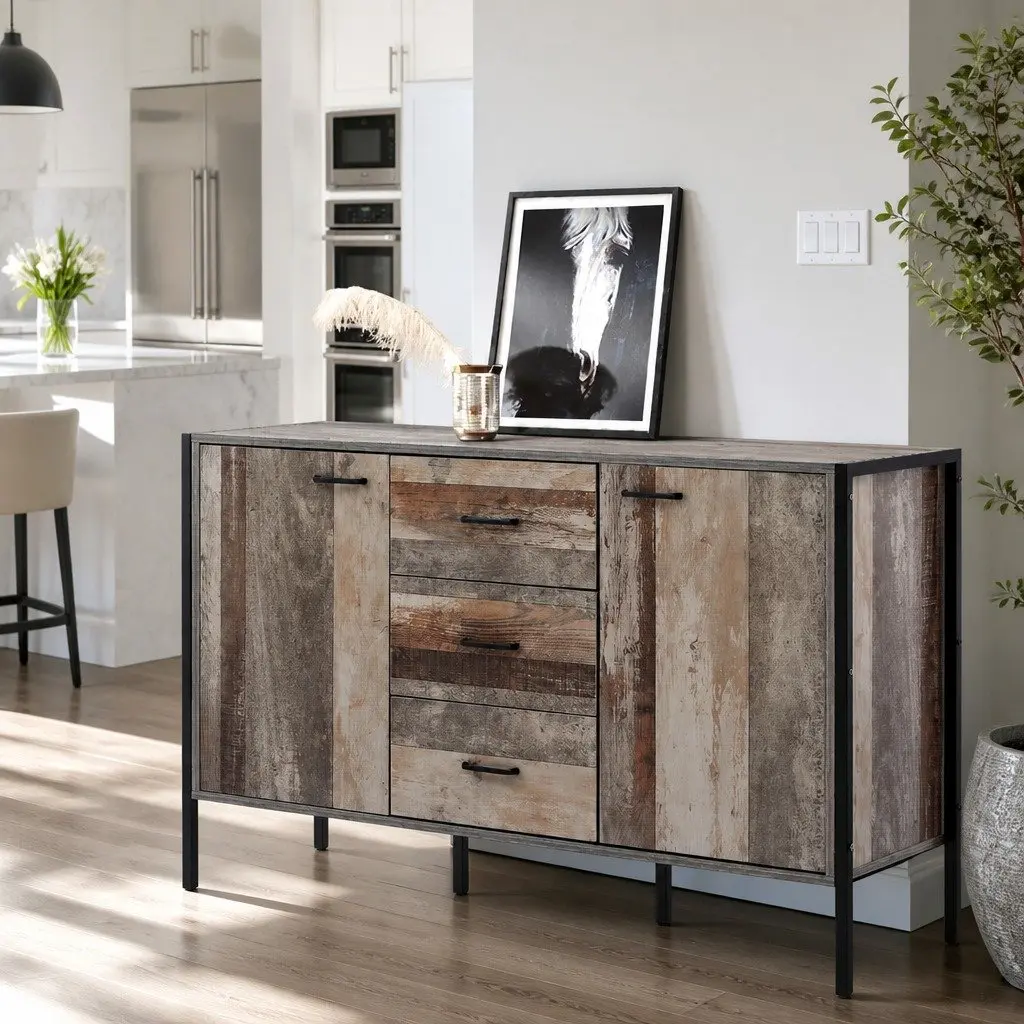 Dark Grey Wooden Buffet Cabinet with Three Drawers and Two Compartments for Dining Room Storage 123cm Width