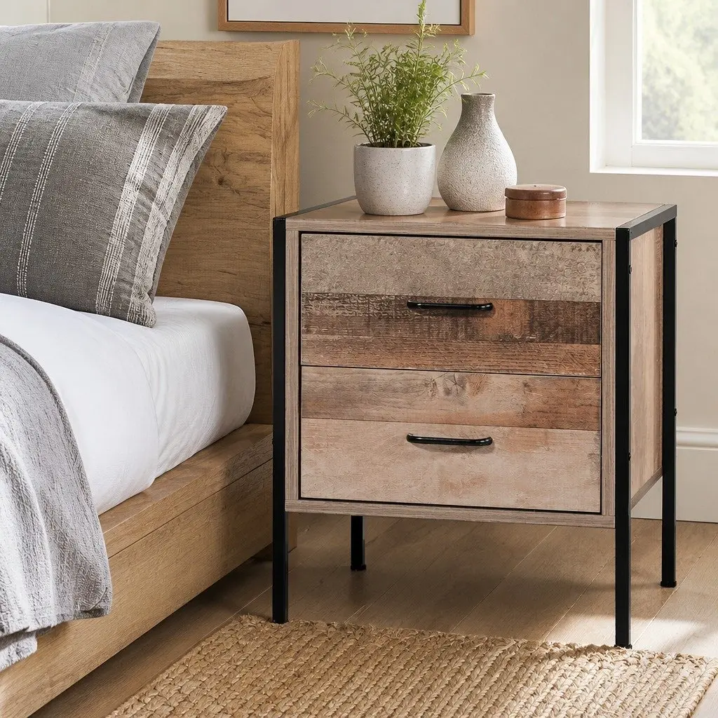 Bedside Table for Bedroom 42.5cm W x 39cm D x 51cm H Black Dark Oak 2 Drawers Storage Cabinet