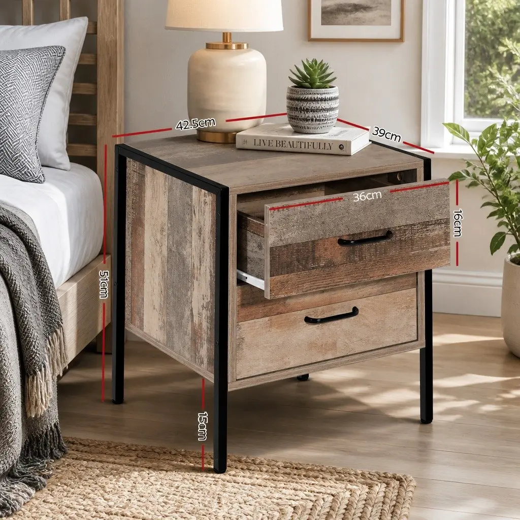 Bedside Table for Bedroom 42.5cm W x 39cm D x 51cm H Black Dark Oak 2 Drawers Storage Cabinet