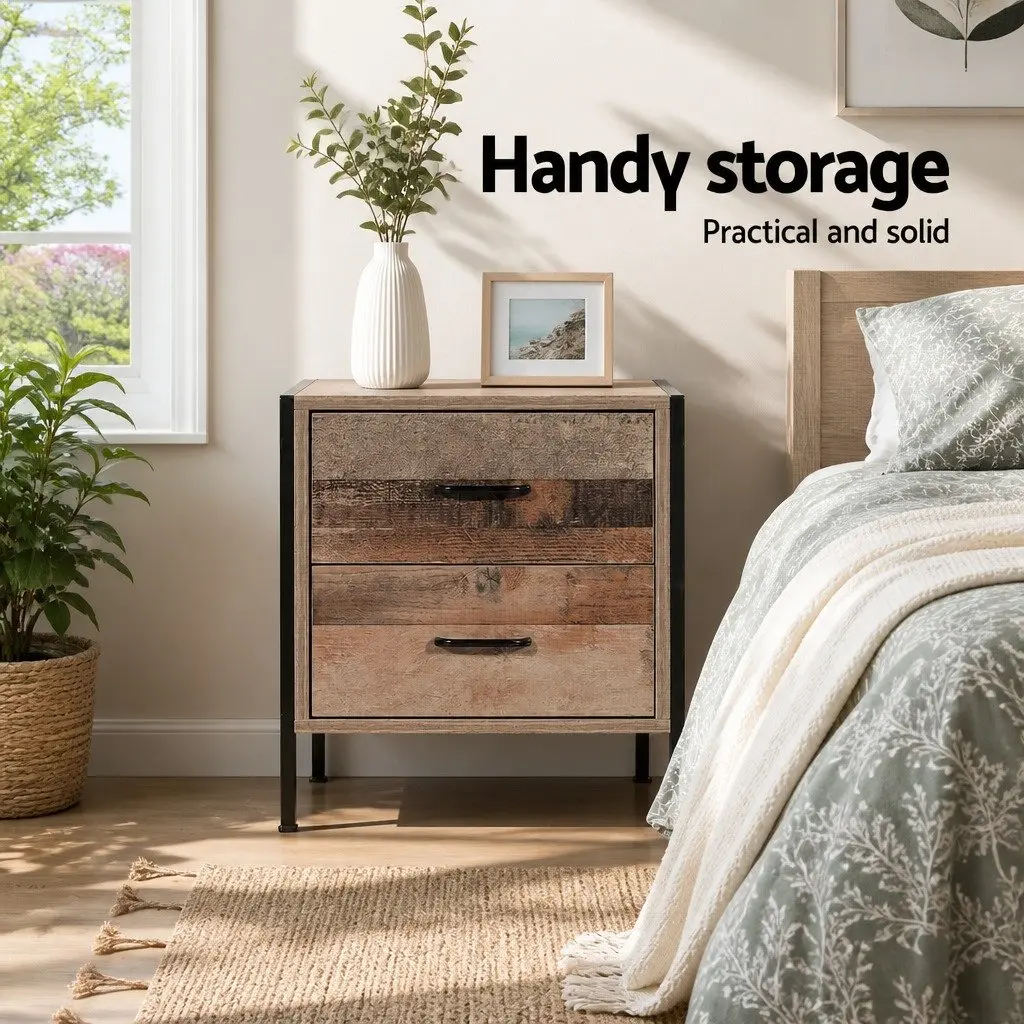 Bedside Table for Bedroom 42.5cm W x 39cm D x 51cm H Black Dark Oak 2 Drawers Storage Cabinet