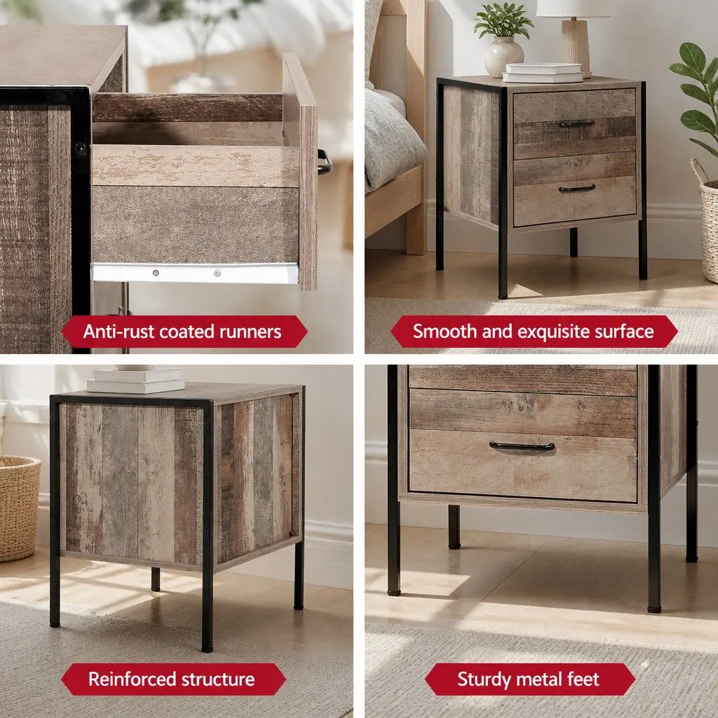 Bedside Table for Bedroom 42.5cm W x 39cm D x 51cm H Black Dark Oak 2 Drawers Storage Cabinet