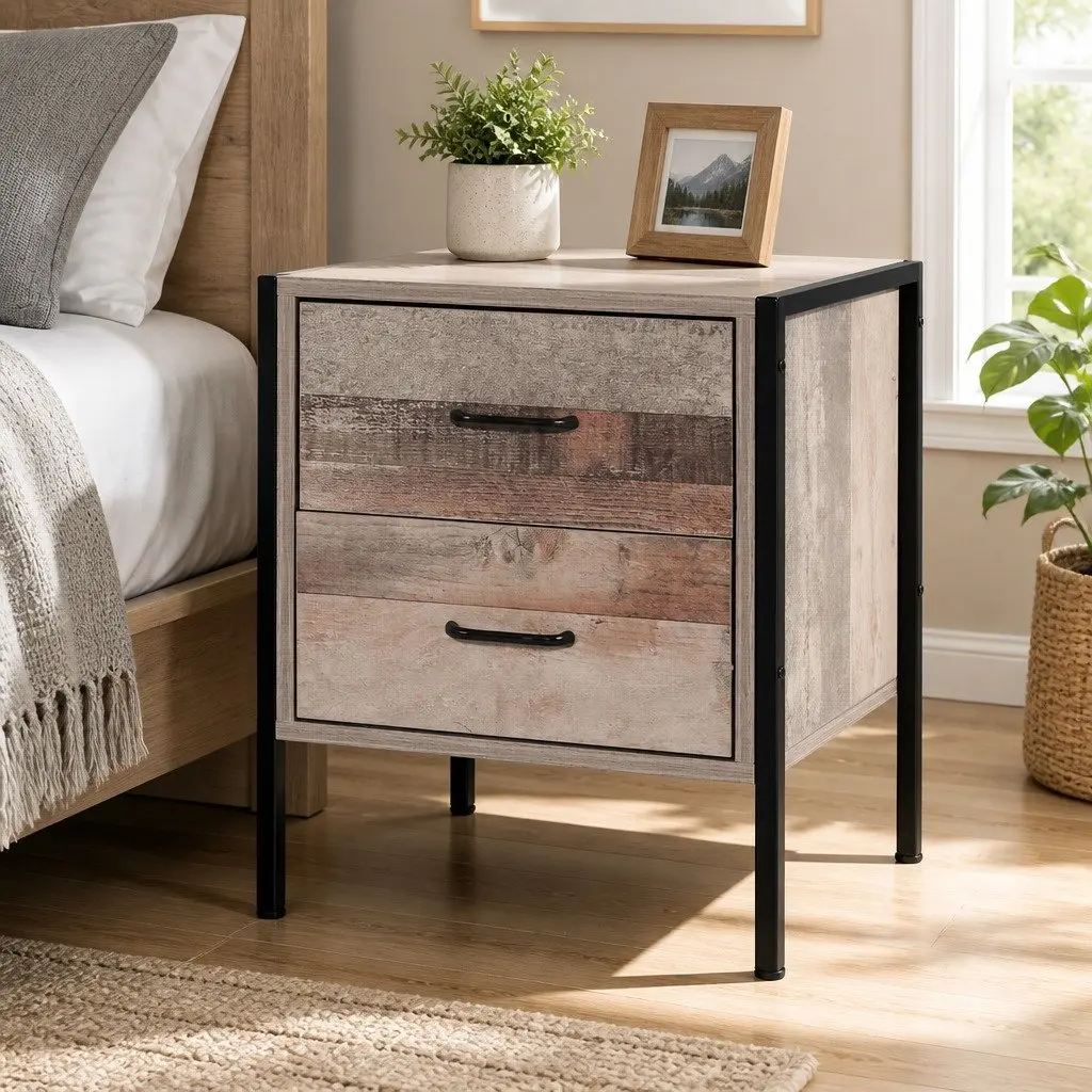 Bedside Table for Bedroom 42.5cm W x 39cm D x 51cm H Black Dark Oak 2 Drawers Storage Cabinet