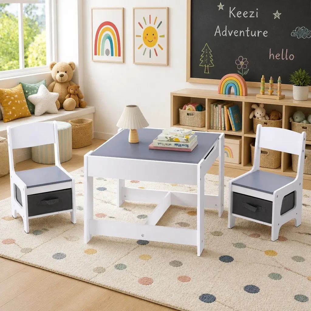Kids Table and Chairs Set Activity Desk Chalkboard Storage Play Furniture Grey