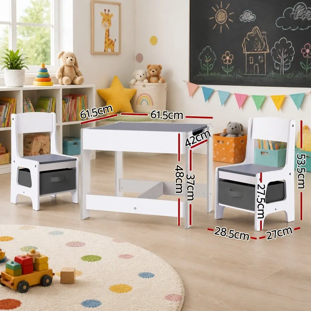 Kids Table and Chairs Set Activity Desk Chalkboard Storage Play Furniture Grey