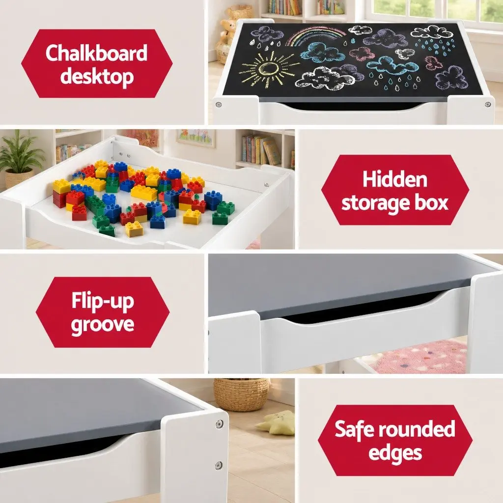 Kids Table and Chairs Set Activity Desk Chalkboard Storage Play Furniture Grey