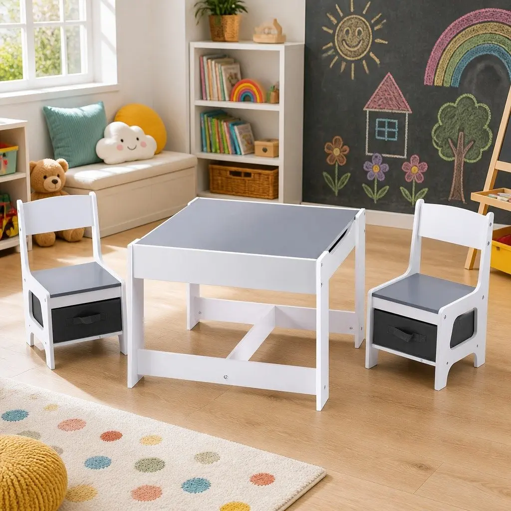 Kids Table and Chairs Set Activity Desk Chalkboard Storage Play Furniture Grey