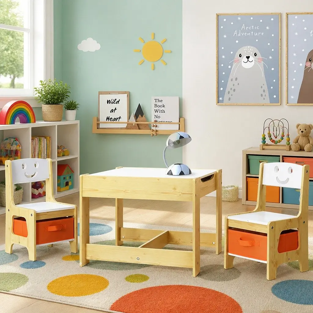 Kids Table and Chairs Set Activity Desk Chalkboard Reversible Desktop Storage