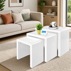 Nesting Coffee Table Set: 3 Wooden Tables in Glossy White