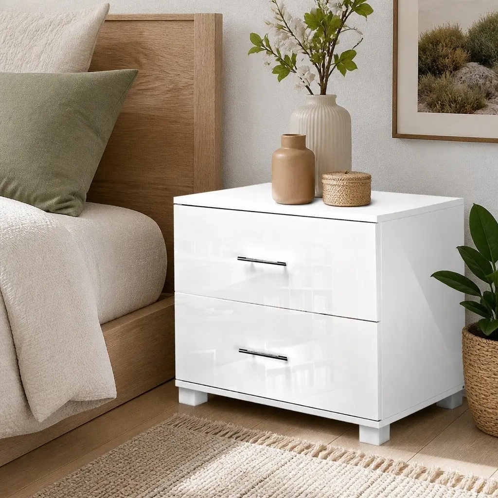 2-Drawer White High Gloss Bedside Table