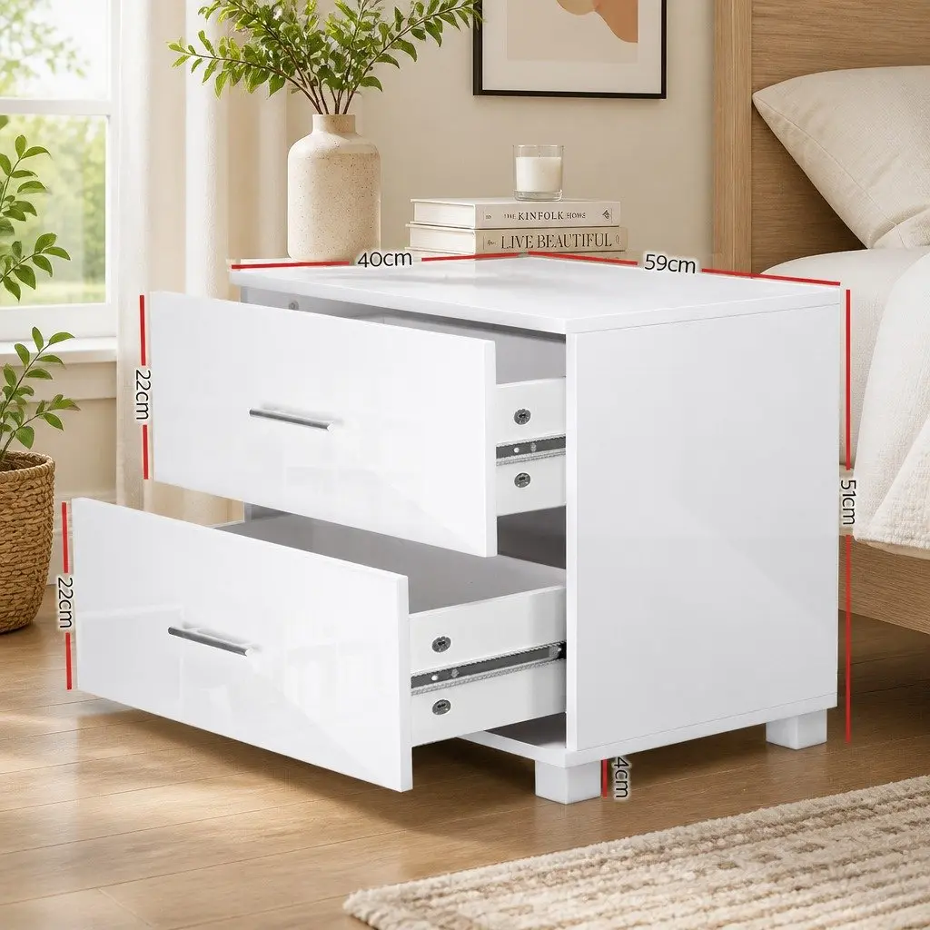 2-Drawer White High Gloss Bedside Table