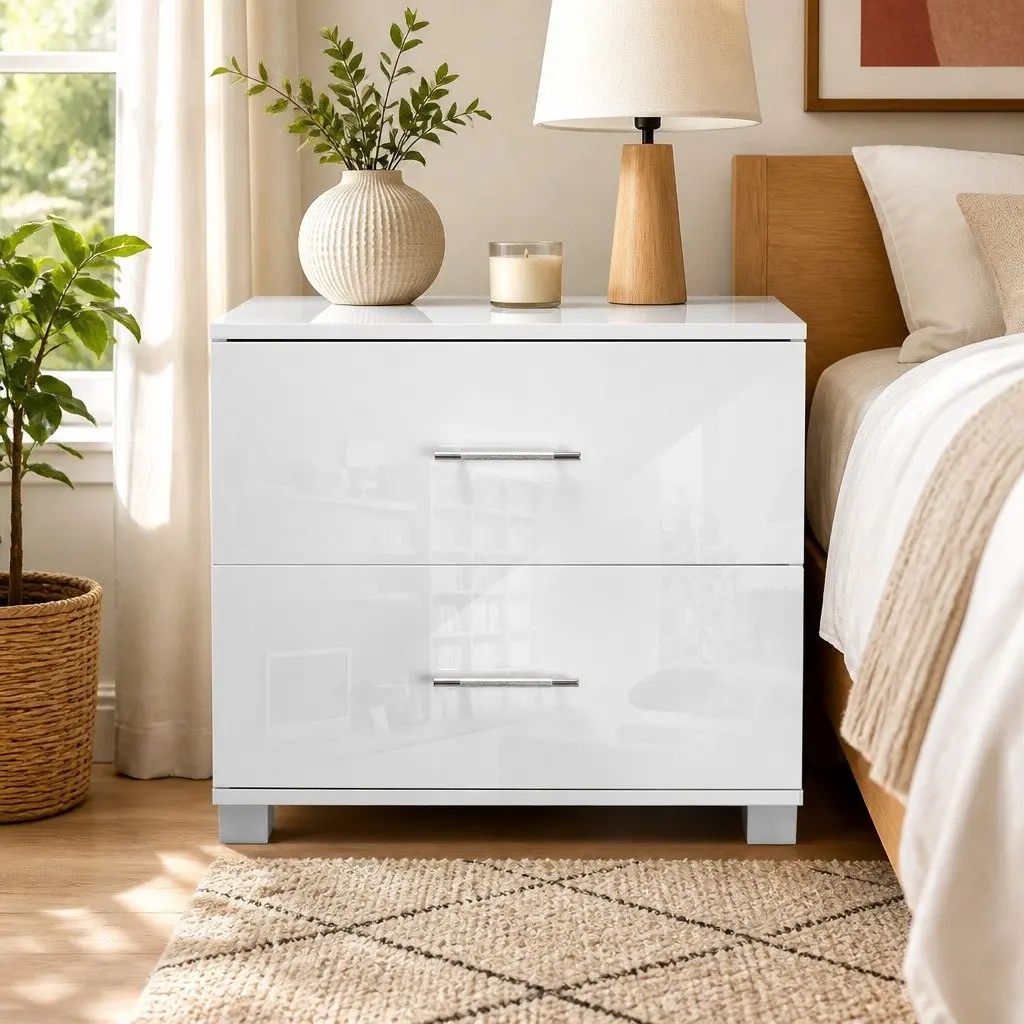 2-Drawer White High Gloss Bedside Table