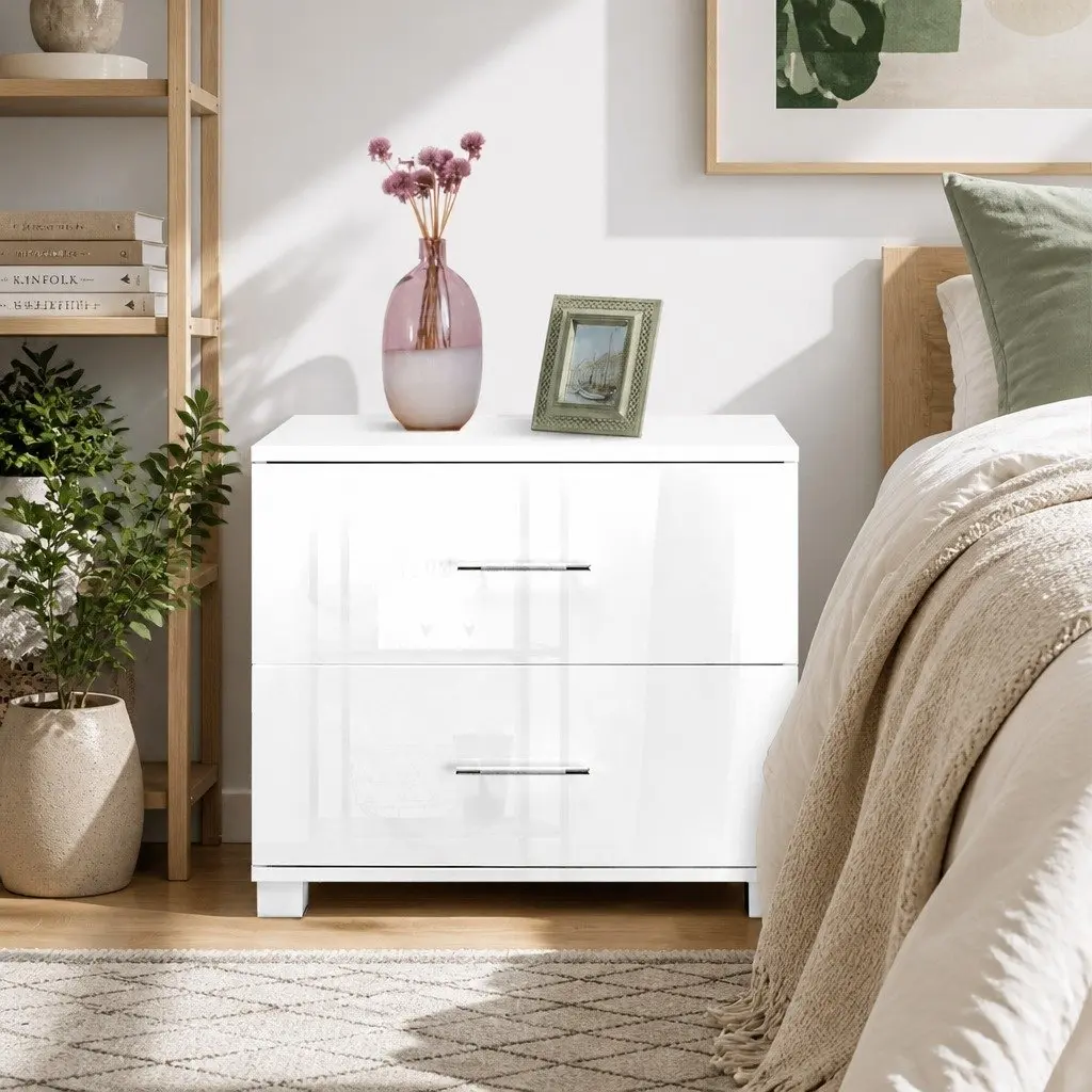 2-Drawer White High Gloss Bedside Table